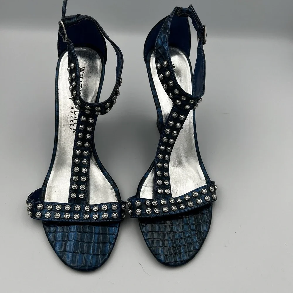 White House Black Market Paris Blue Studded Ankle Strap Wedges‎ Size 9.5